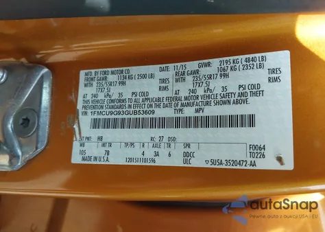 2016 Ford Escape Se из США, поврежденный, VIN 1FMCU9G93GUB53609